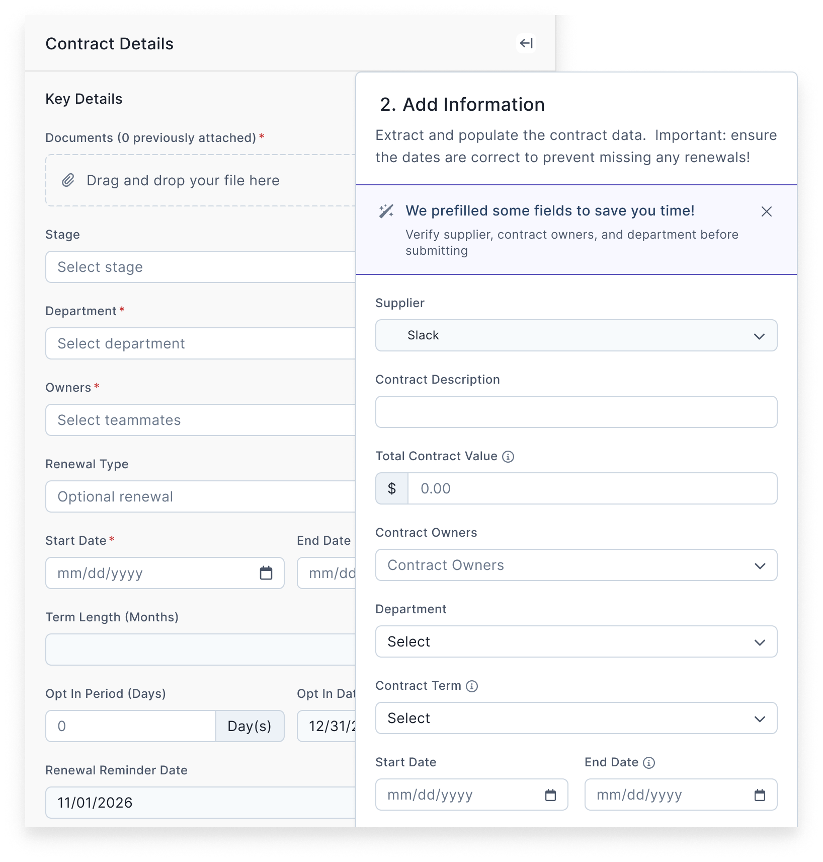 Screenshots of two contract forms with shared fields but different layouts